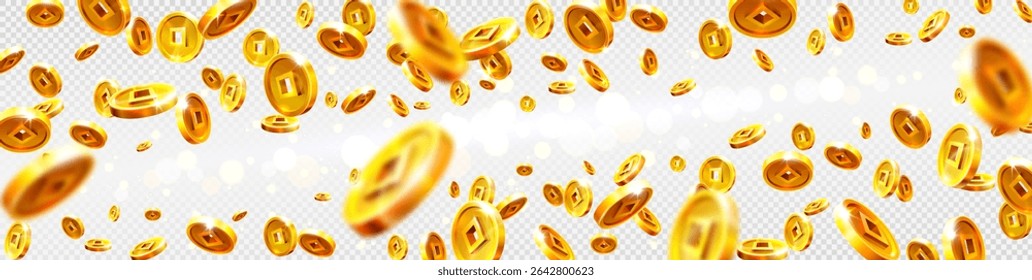 Realistic gold Chinese coins. Gold coins explosion vector