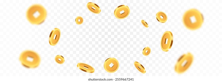 Realistic gold chinese coins png. Gold coins explosion png. Gold chinese coins falling from the sky. Victory, easy money.