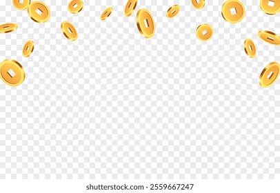Realistic gold chinese coins png. Gold coins explosion png. Gold chinese coins falling from the sky. Victory, easy money.