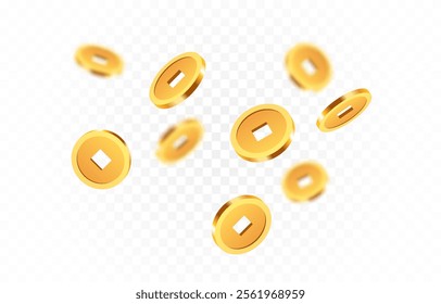 Realistic gold Chinese coins png. Gold coins explosion png. Gold Chinese coins falling from the sky. Victory, easy money.