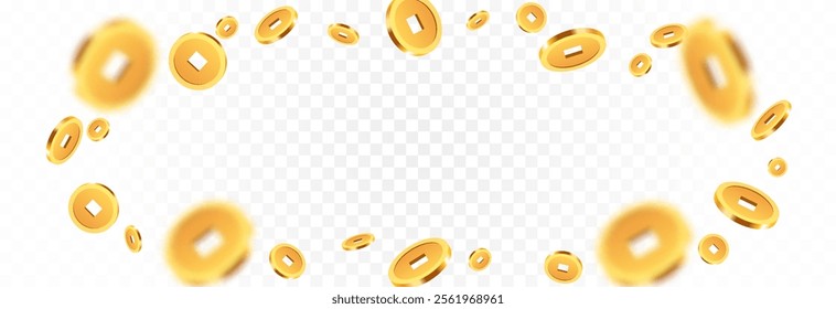 Realistic gold Chinese coins png. Gold coins explosion png. Gold Chinese coins falling from the sky. Victory, easy money.