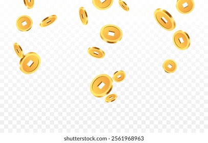 Realistic gold Chinese coins png. Gold coins explosion png. Gold Chinese coins falling from the sky. Victory, easy money.