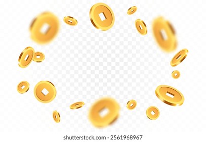 Realistic gold Chinese coins png. Gold coins explosion png. Gold Chinese coins falling from the sky. Victory, easy money.