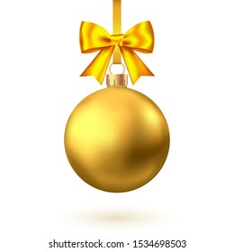 Realistic  gold  Christmas  ball with bow and ribbon  isolated on white background. Vector  Xmas  tree decoration.