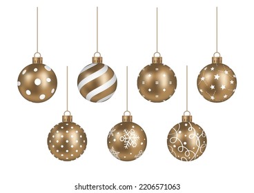 Realistic Gold Christmas Ball Vector Illustration Set Isolated On A White Background.