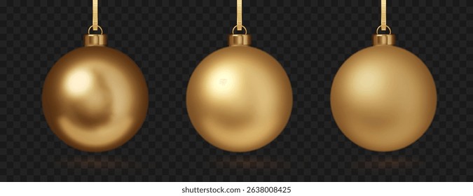Realistic gold Christmas baubles set. Classic holiday decorations in matte, shiny and glitter textures. Vector mockup for Xmas design.