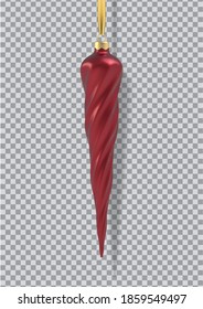 Realistic Gold Christmas tree toy in the form of a icicle, spiral. 3D Illustration object for christmas design, mockup. Vector isolated on a transparent background.