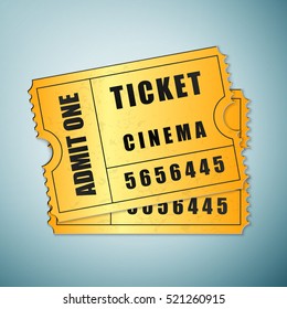 Realistic Gold cinema ticket icon isolated on blue background. Vector Illustration
