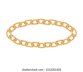 Realistic gold circle frame chain texture. Golden round chains link isolated on white background. Jewelry chainlet three dimensional design element.