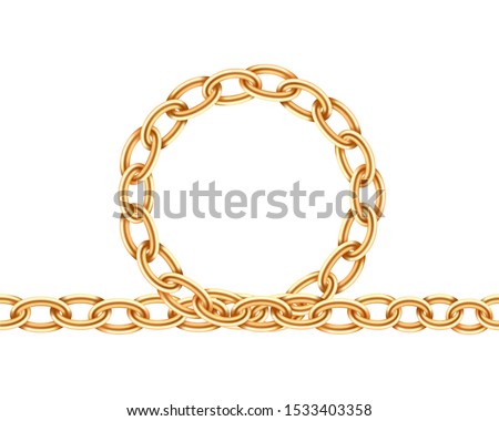 Realistic gold circle frame chain texture. Golden round chains link isolated on white background. Jewelry chainlet three dimensional design element.