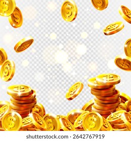 Realistic gold coin. Explosion of gold coins