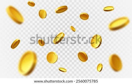 Realistic gold coin. Explosion of gold coins