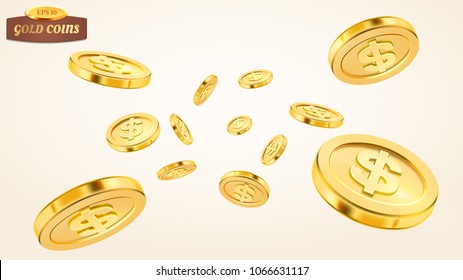 Realistic gold coin explosion or splash on white background. Rain of golden coins. Falling or flying money. Bingo jackpot or casino poker or win element. Cash treasure concept. Vector 3d illustration