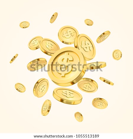 Realistic gold coin explosion or splash on white background. Rain of golden coins. Falling or flying money. Bingo jackpot or casino poker or win element. Cash treasure concept. Vector 3d illustration