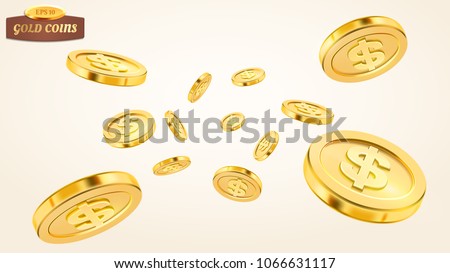 Realistic gold coin explosion or splash on white background. Rain of golden coins. Falling or flying money. Bingo jackpot or casino poker or win element. Cash treasure concept. Vector 3d illustration