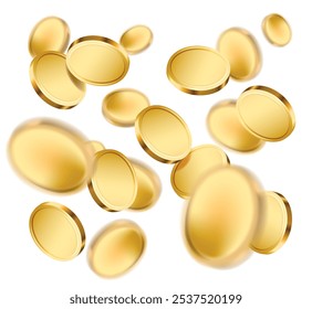Realistic gold coin. Falling or flying money. Finance, investment and savings concept.