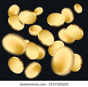 Realistic gold coin. Falling or flying money. Finance, investment and savings concept.