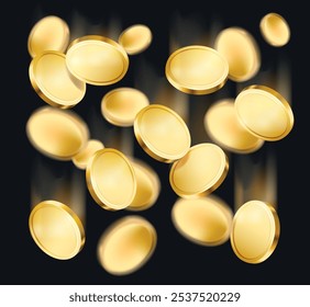 Realistic gold coin. Falling or flying money. Finance, investment and savings concept.
