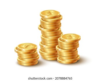 Monedas de oro realistas aisladas de fondo blanco. Monedas de oro puestas. Cajón de bingo, poker de casino o elemento de ganancia. Concepto de tesoro en efectivo. 3.ª ilustración vectorial