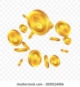 Realistic gold coin jackpot or casino poker or winning element. Gold coin explosion or splash on white background. Poker or bingo casino jackpot winning concept.Vector illustration