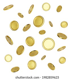Realistic gold coin on white background. Jackpot or casino poker win element. Cash treasure concept. Falling or flying money. Vector