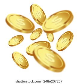 Realistic gold coin on white background. Falling or flying money. Vector 3d illustration