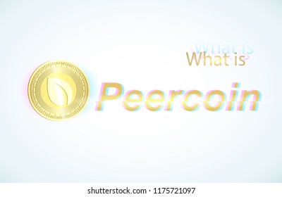 Realistic gold coin peercoin and light blue background . Stock illustration. Glitch style