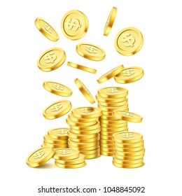 Realistic gold coin stack on white background. Rain of golden coins. Falling money on pile. Bingo jackpot or casino poker or win element. Cash treasure success concept template. Vector 3d illustration