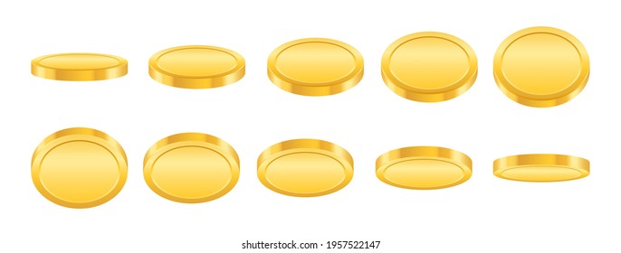 Realistic gold coins animation. Coin rotation at different angles. Golden coins of different shapes. Falling or flying coin. Money jackpot, casino. Vector illustration.