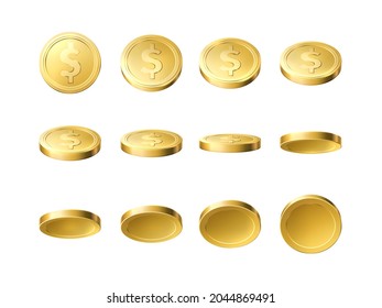 Realistic gold coins. Different angles golden coin