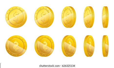 Realistic gold coins with different angles. 3D gold coins set with front and back side. Vector illustration isolated on white background