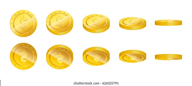 Realistic gold coins with different angles. 3D gold coins set with front and back side. Vector illustration isolated on white background