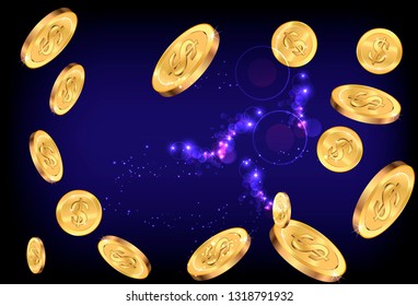 Realistic Gold coins explosion. Coins are falling down. Money rain. Vector illustration