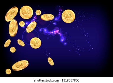 Realistic Gold coins explosion. Coins are falling down. Money rain. Vector illustration
