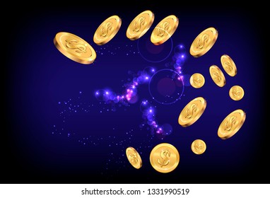 Realistic Gold coins explosion. Coins are falling down. Money rain. Vector illustration