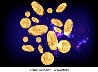 Realistic Gold coins explosion. Coins are falling down. Money rain. Vector illustration