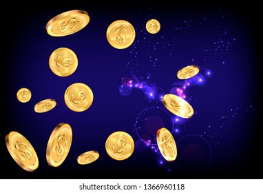Realistic Gold coins explosion. Coins are falling down. Money rain. Vector illustration