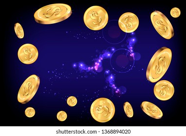 Realistic Gold coins explosion. Coins are falling down. Money rain. Vector illustration