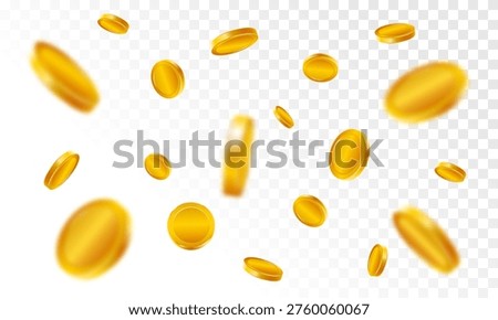 Realistic gold coins. Explosion of golden coins isolated on transparent background. Coins burst and explode wealth, jackpot, treasure, and finance concept