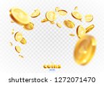 Realistic Gold coins explosion. Isolated on transparent background.