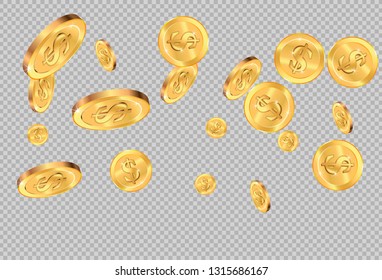 Realistic Gold coins explosion. Isolated on white background.