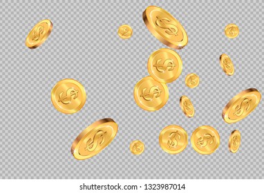 Realistic Gold coins explosion. Isolated on transparent background.