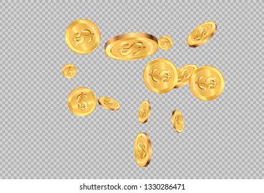 Realistic Gold coins explosion. Isolated on transparent background.