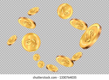 Realistic Gold coins explosion. Isolated on transparent background.