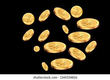 Realistic Gold coins explosion. Isolated on black background.