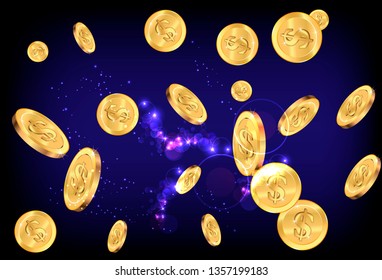 Realistic Gold coins explosion. Isolated on black background.