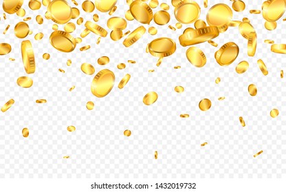 Realistic gold coins explosion isolated on transparent background. Vector illustration.