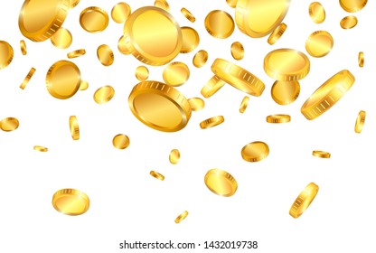 Realistic gold coins explosion isolated on white background. Vector illustration.