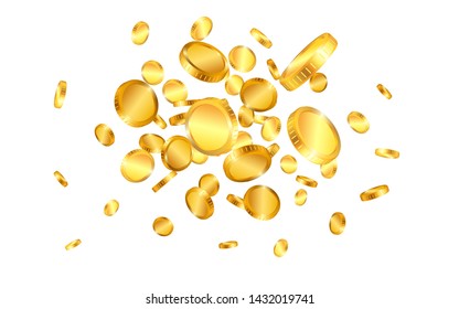 Realistic gold coins explosion isolated on white background. Vector illustration.