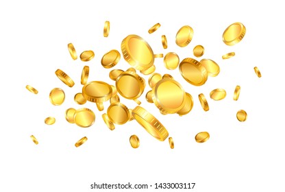 Realistic gold coins explosion isolated on white background. Vector illustration.